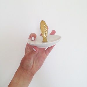 Glass White Tray With A Gold Feather Decor